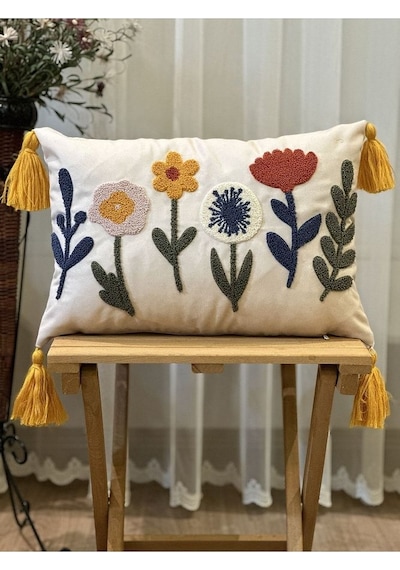 Tekli Punch İşlemeli Çiçekli Flowers Pançlı Nakışlı Dekoratif Kırlent Kılıfı 35x50 Sarı