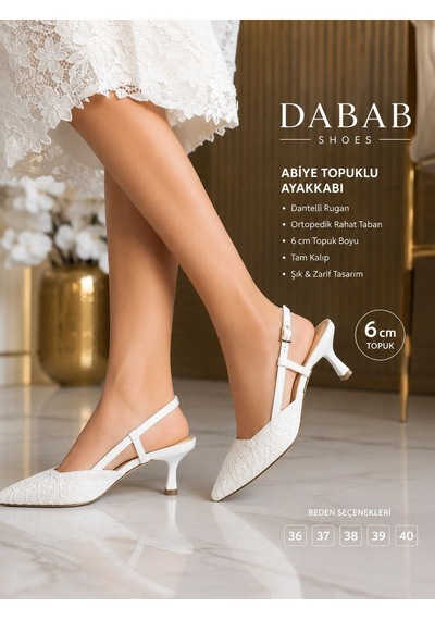 Dabab Shoes Julıe Kadın Beyaz Dantel Dokulu Sivri Burun 5 Cm Topuklu Slingback Ayakkabı