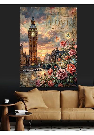 Çiçekli Londra Big Ben Dekoratif Kanvas - Mdf Ahşap Tablo