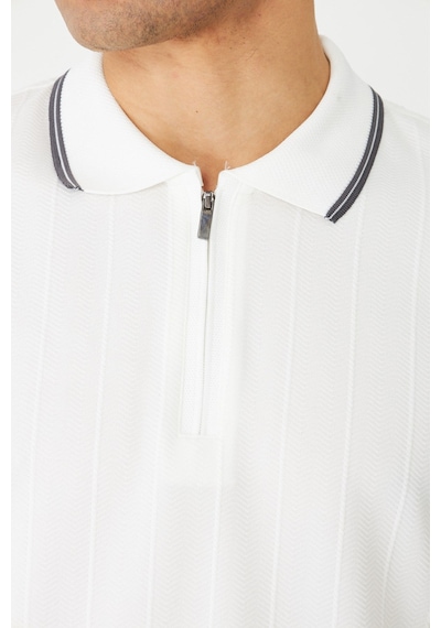Beyaz Fermuarlı Polo Yaka Erkek T-shirt Beyaz
