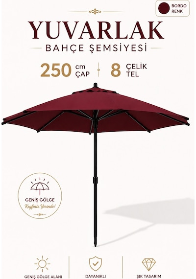 Alubrella Yuvarlak Bahçe, Güneş Şemsiyesi Bordo 250 Cm Çap/8 Çelik Tel Bidonsuz