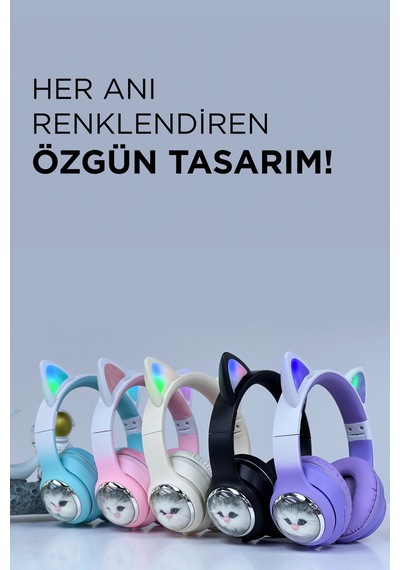 Hd11 Siyah Sevimli Kedi Karükatür Kulak Led Işıklı 5.3 Bluetooth Kulak Üstü Kulaklık