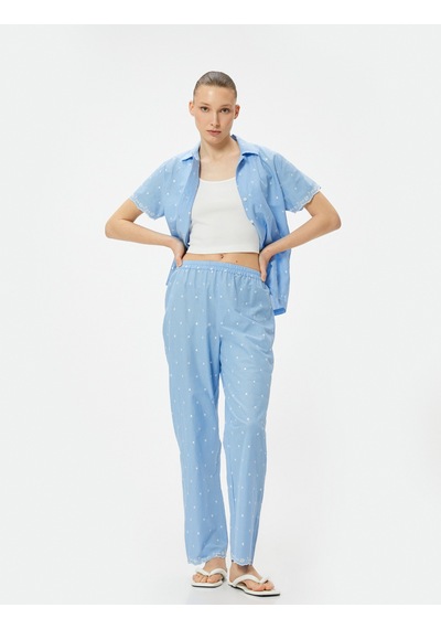 Koton Pamuklu Pijama Altı Düz Paça Beli Lastikli Nakışlı Mavi 4slk50037mw Mavi