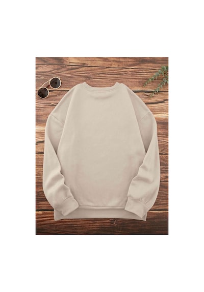 Herkesemoda Çilek Baskı Detaylı Bisiklet Yaka Sweatshirt Bej