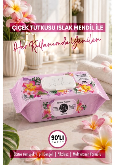 Papilion 90 Yaprak Çiçek Tutkusu Kokulu Islak Mendil 90'lı Paket Ekstra Yumuşak Alkolsüz Ph Dengeli Multivitamin Formüllü Tekli