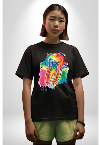 Diş Doktoru Diş Anatomisi Özel Tasarım Pamuklu Bisiklet Yaka Unisex Oversize Boyfriend Dijital Baskılı Siyah T-shirt Siyah