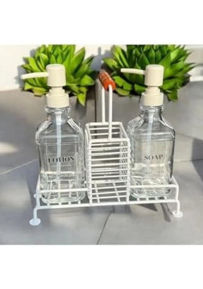 Krem 2 Li Metal Standlı Cam Sıvı Sabun Ve Sabunluk 500 Ml Krem 000 Açık Krem