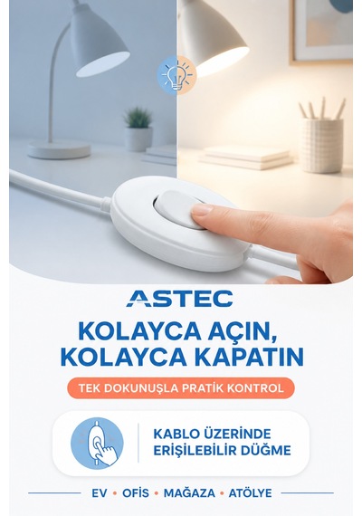 Astec Kaliteli Ara Puar Anahtar Beyaz Kablo Üstü Aç Kapa Düğmesi 5 Adet