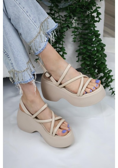 Asmi Shoes Kadın Paris Kalın Taban 9 Cm Ortopedik Sandalet Bej Bej