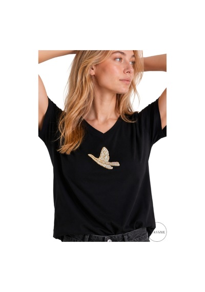Cassime Siyah Siyah V Yaka Kuş Taş Baskı Detaylı Basic T-shirt Altın