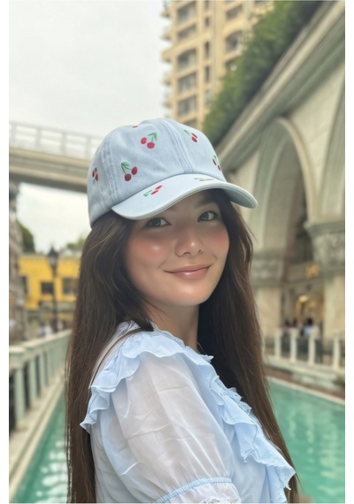 Mollycrush Lüks Kiraz İşlemeli Şapka Basic Sokak Modası Açık Mavi Kadın Kot Kep Mavi