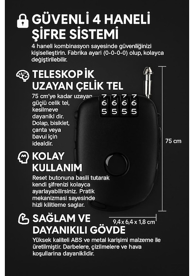 Teleskopik 65 Mm Uzayan Şifreli 4 Haneli Dolap Bagaj Kilidi Asma Kilit Cin815sy