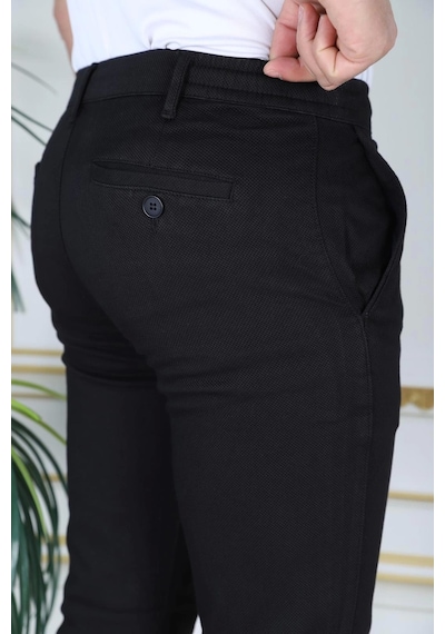 Phantom Jeans Erkek Siyah Slim Fit Esnek Likralı Armürlü Keten Pantolon Bağcıklı Kemerli Beli Lastikli Şık Pantolo Siyah