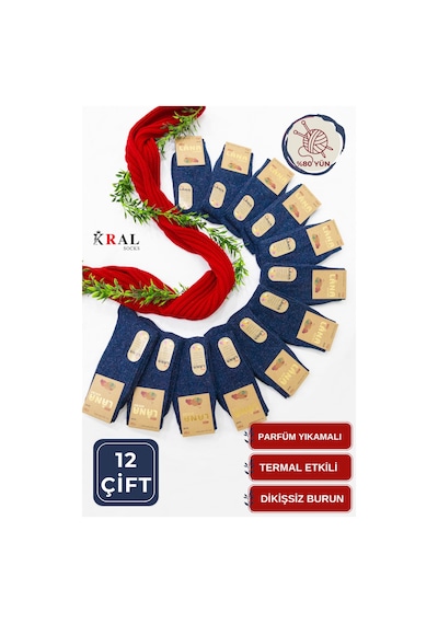 Kral Socks 12 Çift Kışlık Yün Çorap Lambswool Özel Kuzu Yünlü Kadınlar Için Termal Özellikli Çorap Lacivert