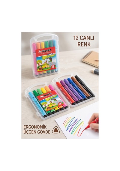 Jumbo Keçeli Kalem 12 Renk 1 Paket Fixpoint 12 Li Jumbo Keçeli Kalem Canlı Renkler Yıkanabilir Kaliteli Okul Öğrenci