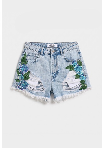 it's basic Kadın Kot Rengi 11s6-3 Özel Taş Ve Nakış Detaylı Mini Boy Denim Şort Çok Renkli