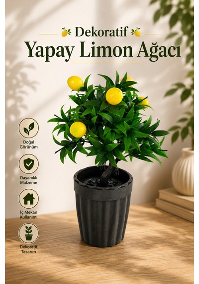 Dekoratif Saksılı Yapay Limon Ağacı - Yeşil Yapraklı Balkon Salon Mutfak Ofis Dekor Çiçeği Sarı