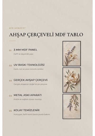 Siyah Çerçeveli Fildişi Papatya Bahçesi 3'lü Mdf Tablo Seti Kabartma Görünümlü Bohem Çiçekli Duvar Tablosu Renk: Siyah