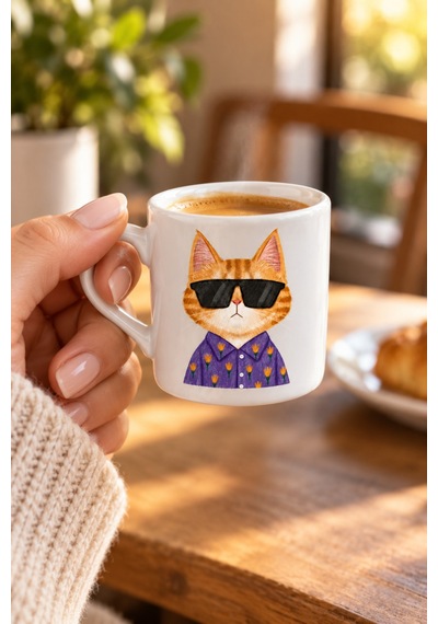 Havalı Kedi Desenli 6'lı 12 Parça Kahve Fincanı Seti - Hediye Porselen Kahve Fincanı Seti Cat White