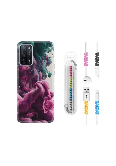 Oppo A55 Kılıf Kablo Koruyuculu Pink Green Cloud 1306