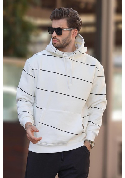 Madmext Ekru Kapüşonlu Cep Detaylı Çizgili Erkek Sweatshirt 7063 Ekru
