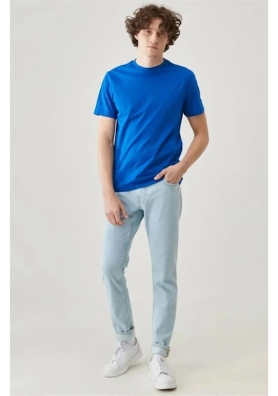 Erkek Düz Penye Tişört Bisiklet Yaka Kısa Kol Regular Fit T-shirt - Mavi