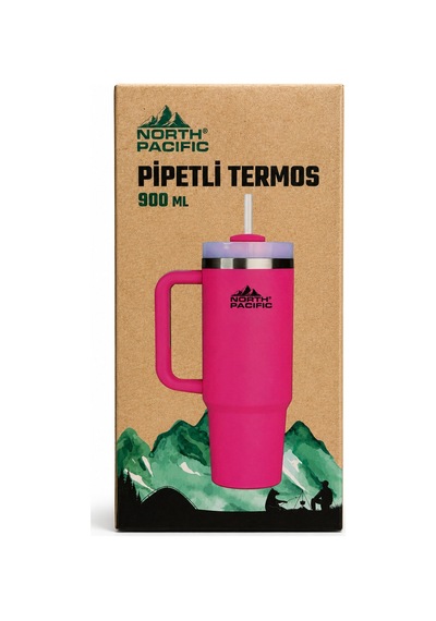 North Pacific 900 Ml Pipetli Paslanmaz Çelik Termos Bardak Pembe Çift Katmanlı Vakumlu Seyahat Kupası Pembe