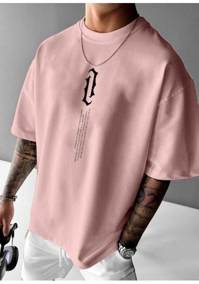 Dikey Yazı Baskılı Oversize Tişört Pembe