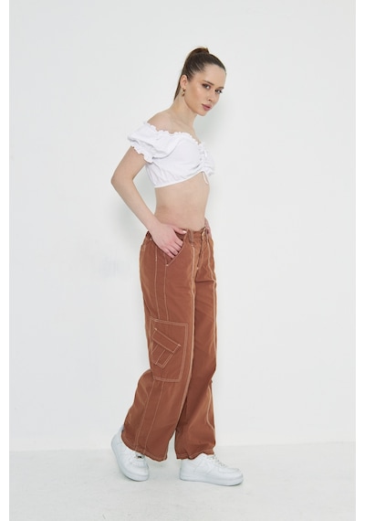 Kutaf Camel Kargo Cepli Dikiş Detaylı Yüksek Bel Wide Leg Pantolon Kahverengi
