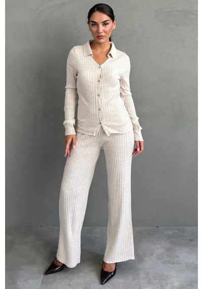Madmext Taş Rengi Fitilli Polo Yaka Düğmeli Triko Kadın Takım Mg2802