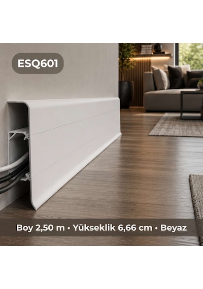 Esquero Kablo Kanallı PVC Süpürgelik 250 cm, Açılabilir Kapaklı, Beyaz, ESQ601