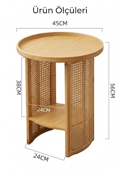 Robin Home Doğal Bambu Rattan Yan Sehpa Tepsili Yuvarlak Dekoratif Sehpa Bej