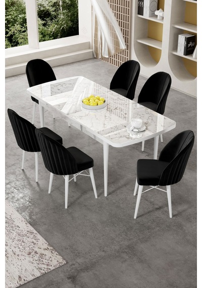 Canisa Gale Serisi 80x132 Açılabilir Lak Panel Beyaz Mermer Desen Mutfak Masa Takımı 6 Siyah Sandalye Masa Beyaz Mermer Desen Sandalye Siyah Canisa Gale Serisi 80x132 Açılabilir Lak Panel Beyaz Mermer Desen Mutfak Masa Takımı 6 Siyah Sandalye Masa Beyaz Mermer Desen Sandalye Siyah