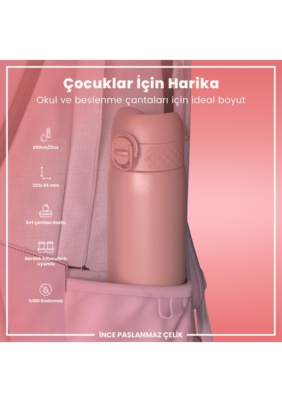 Ion8 - Paslanmaz Çelik İnce Suluk - Gül Pembe - 600 Ml - Sızdırmaz