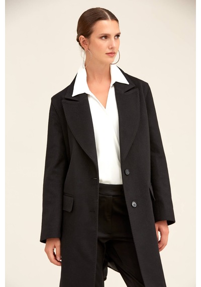 Hatemoğlu Saykı Woman Siyah Regular Fit Ceket Yaka Kaşe Oversize Manto 2956632 Siyah
