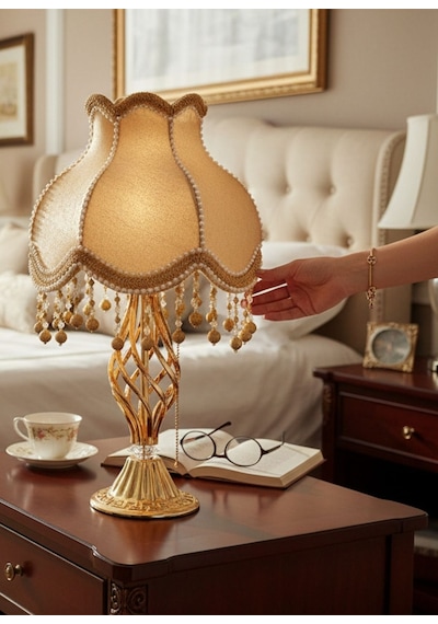 Gold İpek Kadife Kaplı İnci Şerit Süsleme Gece Lambası Abajur Vintage Model 55x30cm Ab0004p Gold