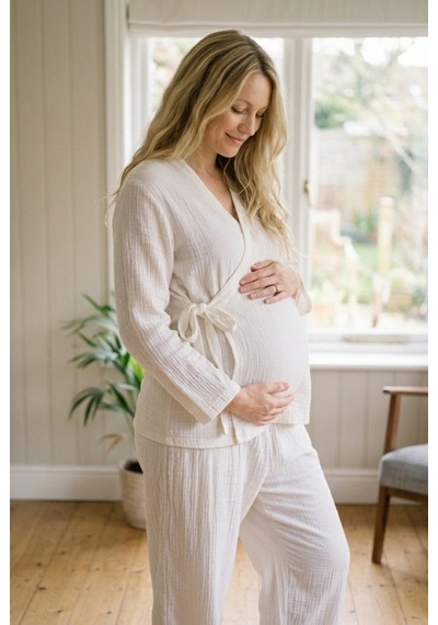 Combattente Exclusive Products Combattente Pamuk Müslin Hamile Lohusa Karın Üstü Pijama Takımı ekru