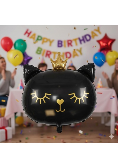 30 İnç Siyah Kedi Kafası Taçlı Folyo Balon - Doğum Günü Parti Dekorasyon Balonu Çok Renkli
