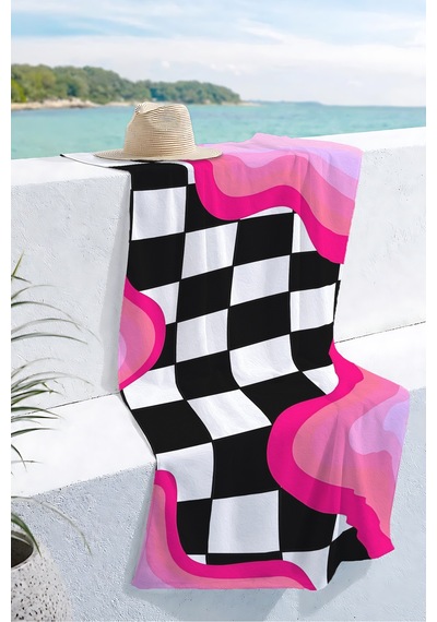 Damalı Modern Soyut Plaj Havlu Örtüsu - Pembe Siyah Retro Dalga Hızlı Kuruyan Mikrofiber Havlu Örtü Mat Yakamoz