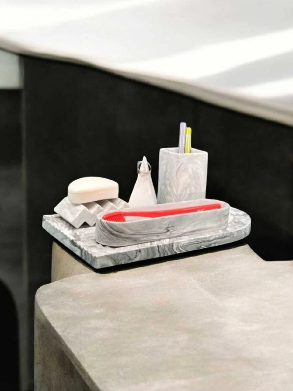 Marble Serisi Archade Kemer Tepsili Organizerli Beton Banyo Seti Gri