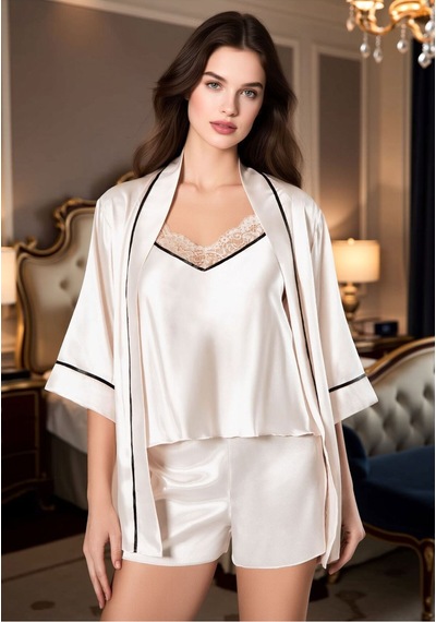 Loule Kadın Vanilya Biyeli Sabahlıklı Şortlu Pijama Takımı 3 Parça Krem