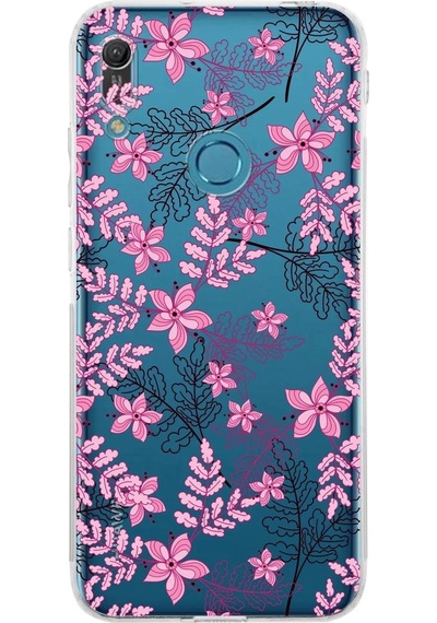 Huawei Y6 Pro 2019 Kamera Korumalı Kapak Floral Pembe Tasarımlı Şeffaf Kılıf