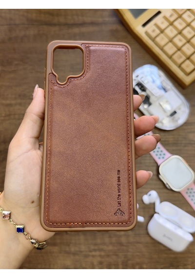 Samsung Galaxy A12 Uyumlu Premium Deri Dokulu Darbelere Karşı Dayanıklı Nazal Silikon Kılıf Kahverengi