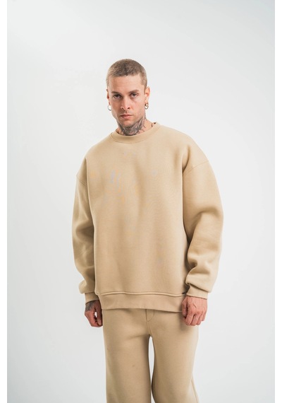 Barlashive Erkek Uzun Kol Bisiklet Yaka 3 İplik Pamuklu Kışlık Sweatshirt - Bej Çok Renkli