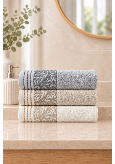 Botanical Garden Yaprak Desenli El Yüz Havlusu 50x90 Cm 3 Lü Set %100 Pamuk - Stone Pearl Çok Renkli