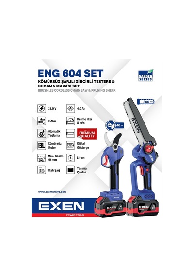 Eng 604 Set, 21v, 2x4ah Çift Akü, Kömürsüz Şarjlı Testere Ve Budama Makas Seti