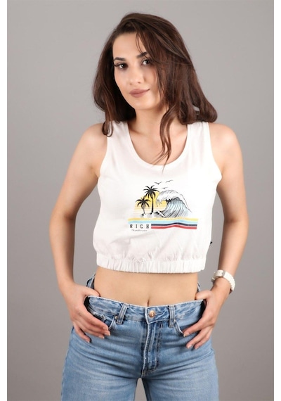 Kadın Baskılı Kolsuz Crop Bluz Çok Renkli