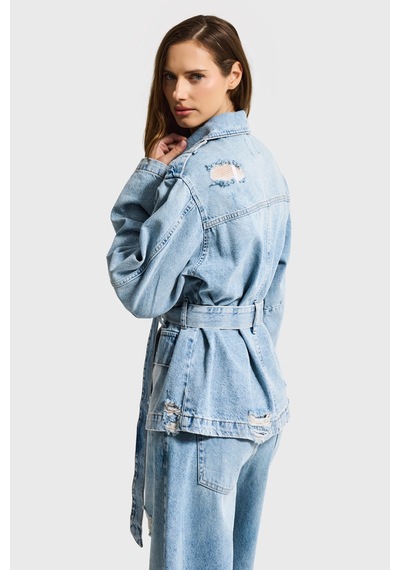 Kadın Ice 12s6-32 Oversize Kemer Detaylı Yırtık %100 Koton Denim Ceket Ice Rengi
