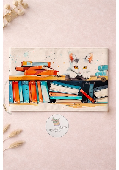 Kitap Kılıfı Ve Metal Kitap Ayracı Seti Kütüphanedeki Kedi