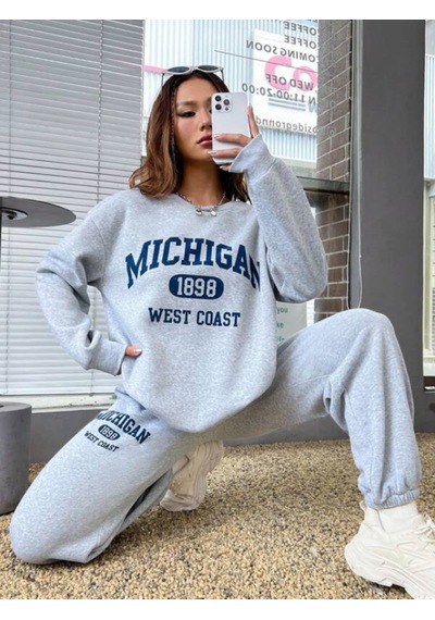 Mıchıgan Baskılı Bisiklet Yaka Gri Sweatshirt Ve Siyah Eşofman Altı Eşofman Takımı Gri